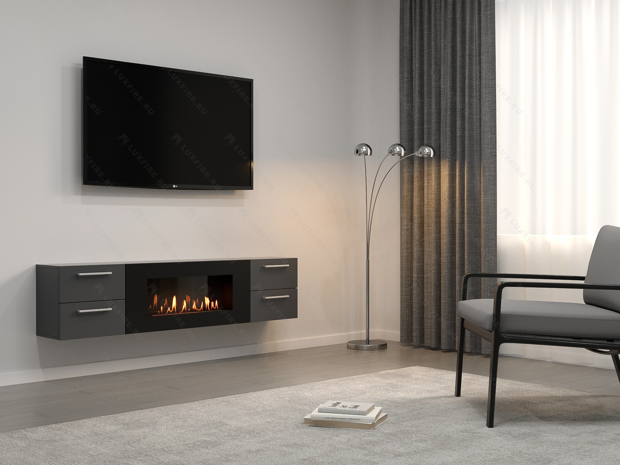 Тумба ТВ Lux Fire "Нева" настенная 1700 матовая, графит с биокамином 900 по цене 99 070 руб.